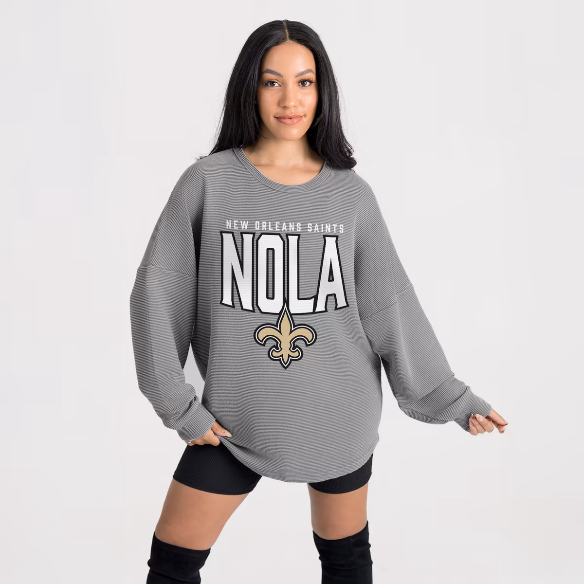 Women's Gameday Couture Gray New Orleans Saints Oversized Pure Motion Corded Sweatshirt
