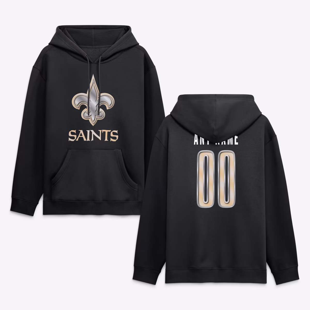 Men's Black New Orleans Saints Big & Tall Metallic Mascot Personalized Name & Number Hoodie 2 Men's Black New Orleans Saints Big & Tall Metallic Mascot Personalized Name & Number Hoodie