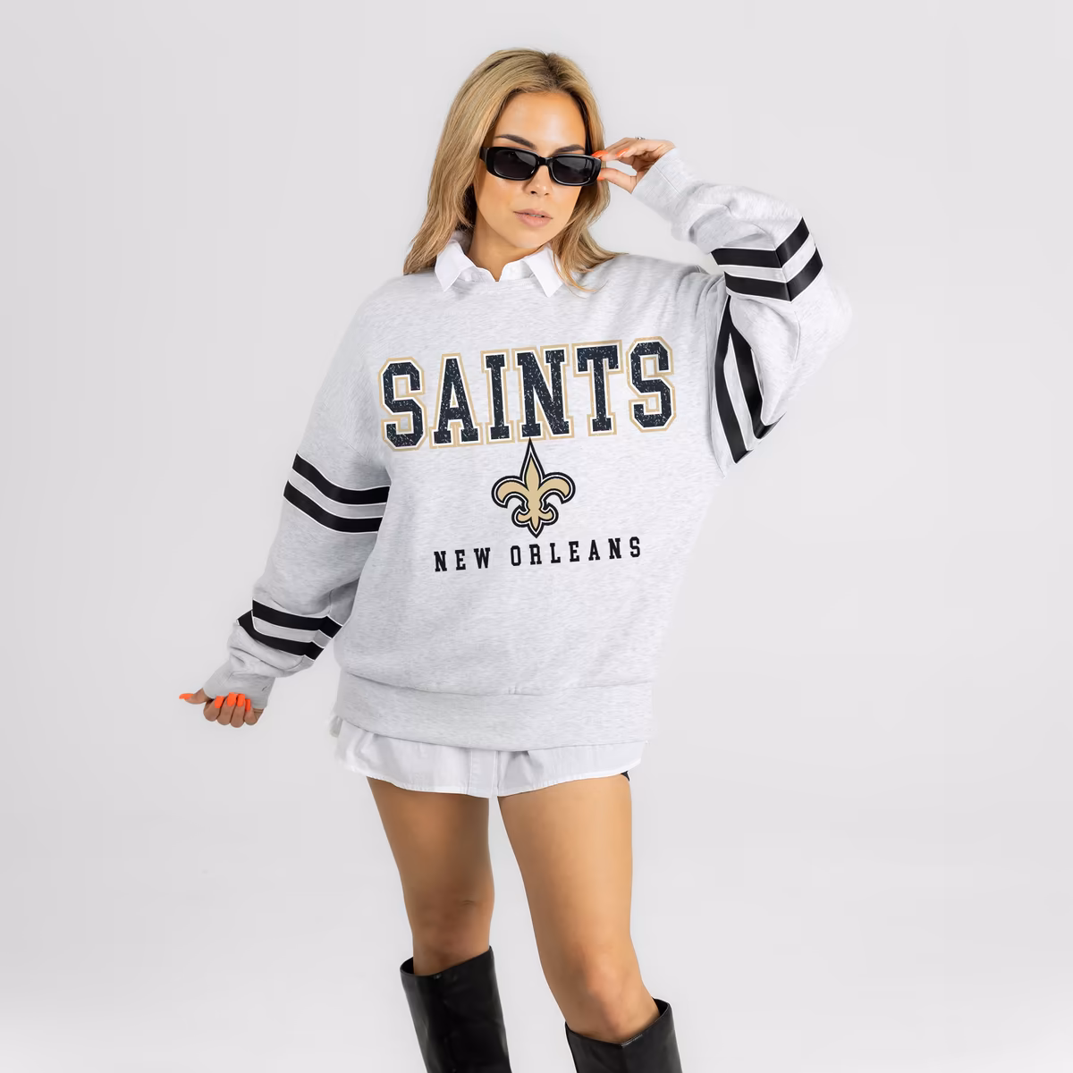 Women's Gameday Couture Ash New Orleans Saints Stadium Stripes Oversized Fleece Sweatshirt 5 Women's Gameday Couture Ash New Orleans Saints Stadium Stripes Oversized Fleece Sweatshirt