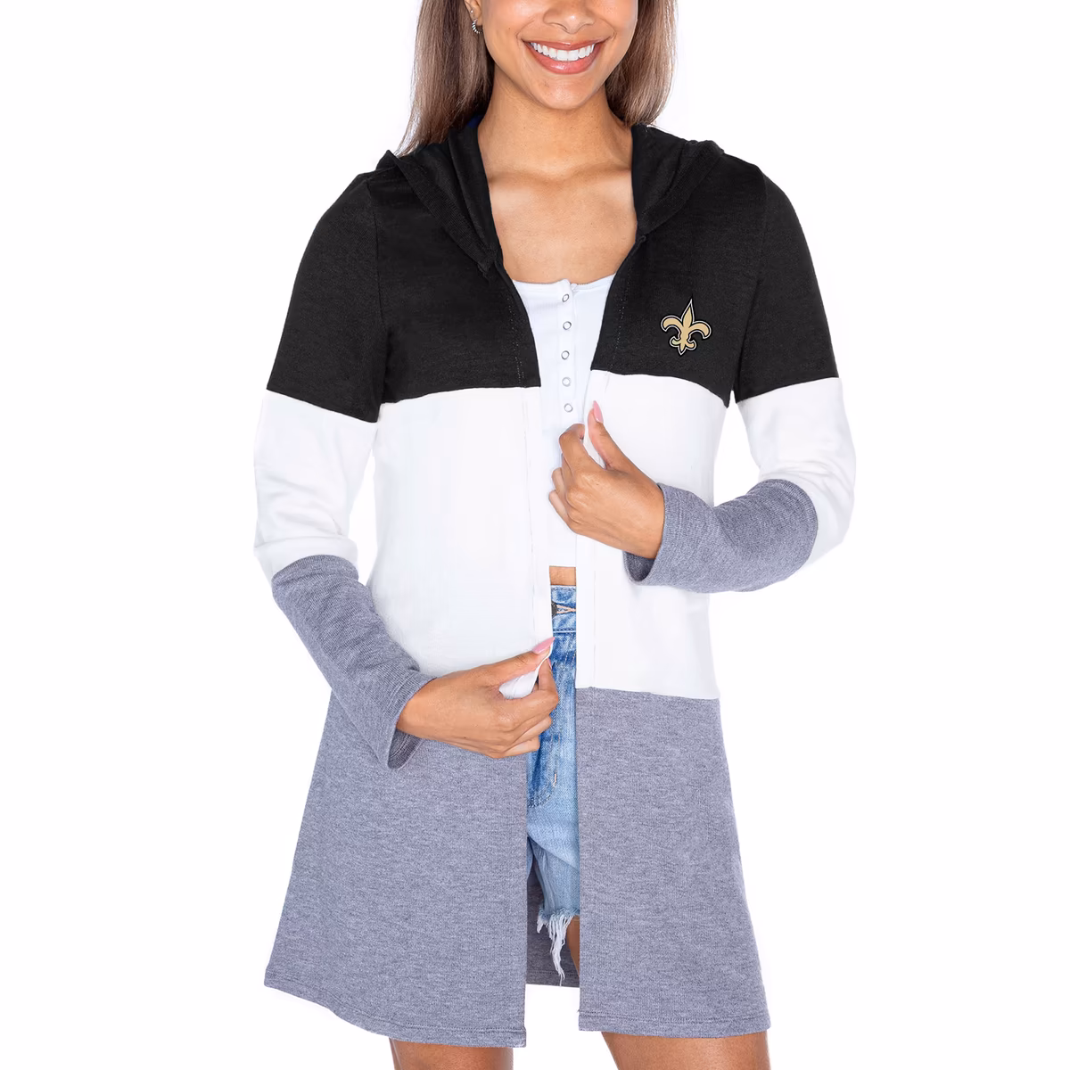 Women's Gameday Couture Black New Orleans Saints Tri-Blend Color Block Lightweight Cardigan Hoodie