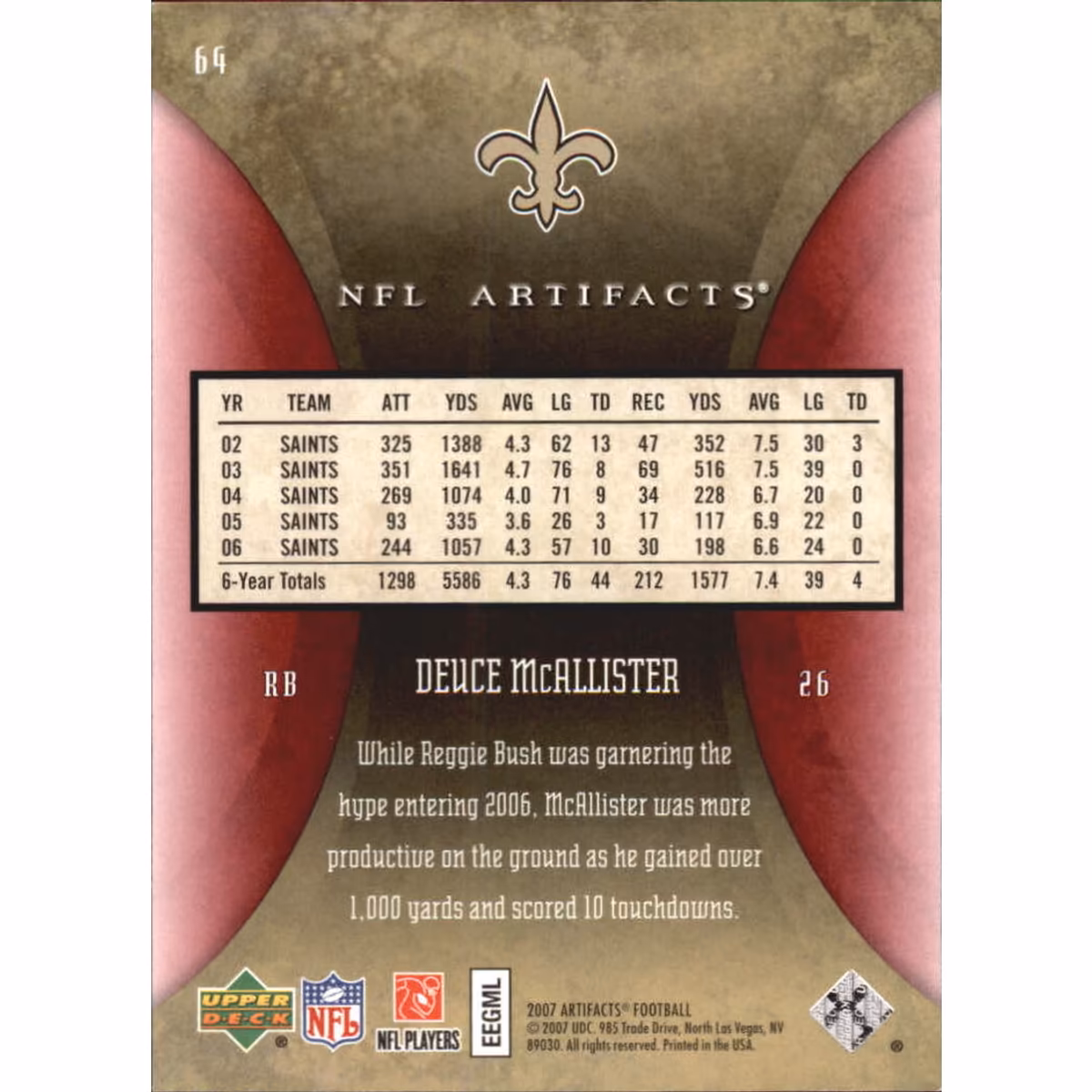 2007 Artifacts Red #64 Deuce McAllister