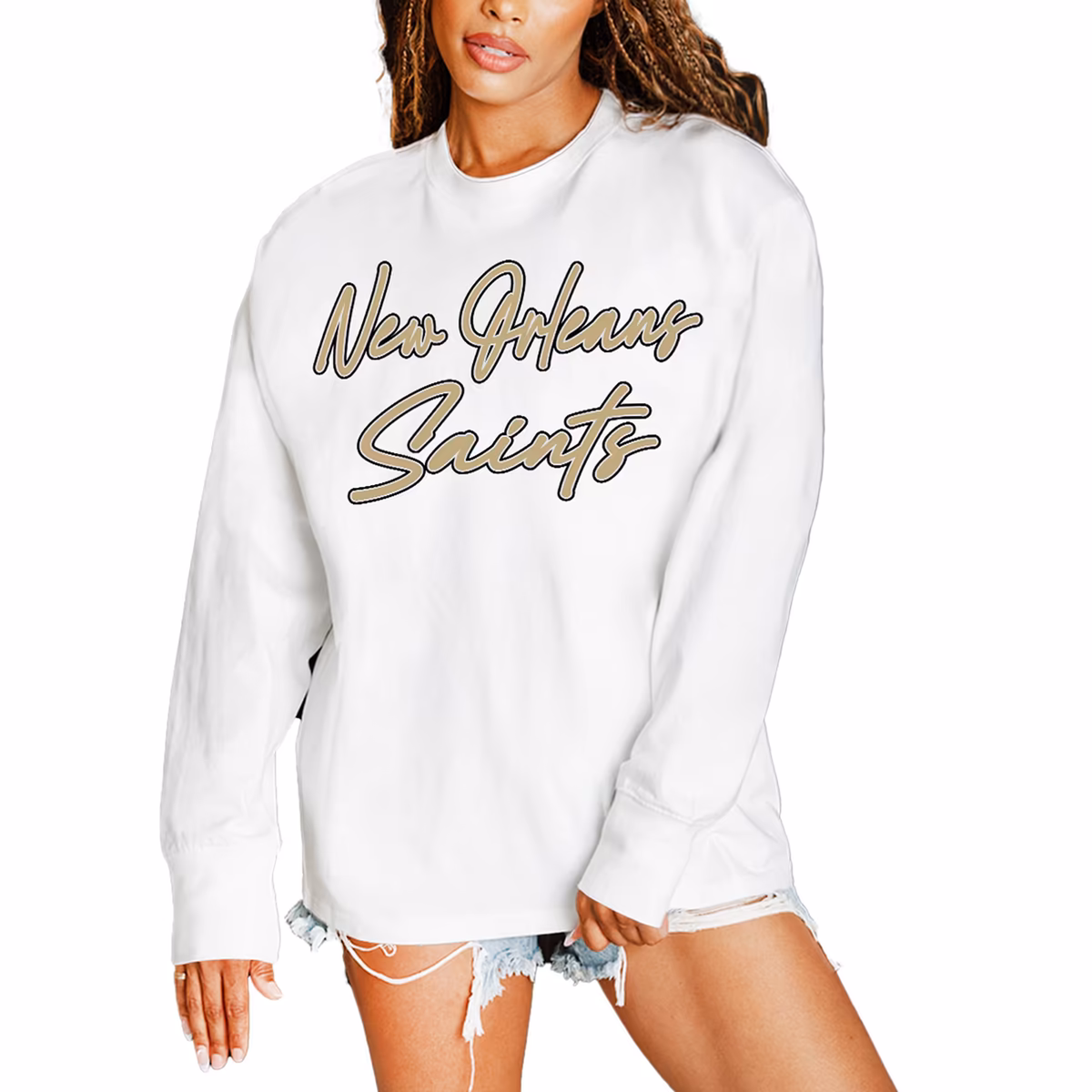 Women's Gameday Couture  White New Orleans Saints Classic Comeback Oversized Long Sleeve T-Shirt