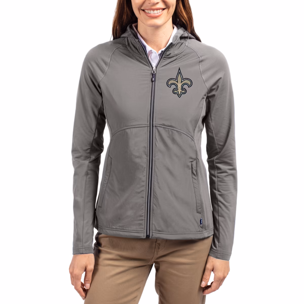 Women's Cutter & Buck Gray New Orleans Saints Adapt Eco Knit Hybrid Recycled Raglan Full-Zip Hoodie Jacket