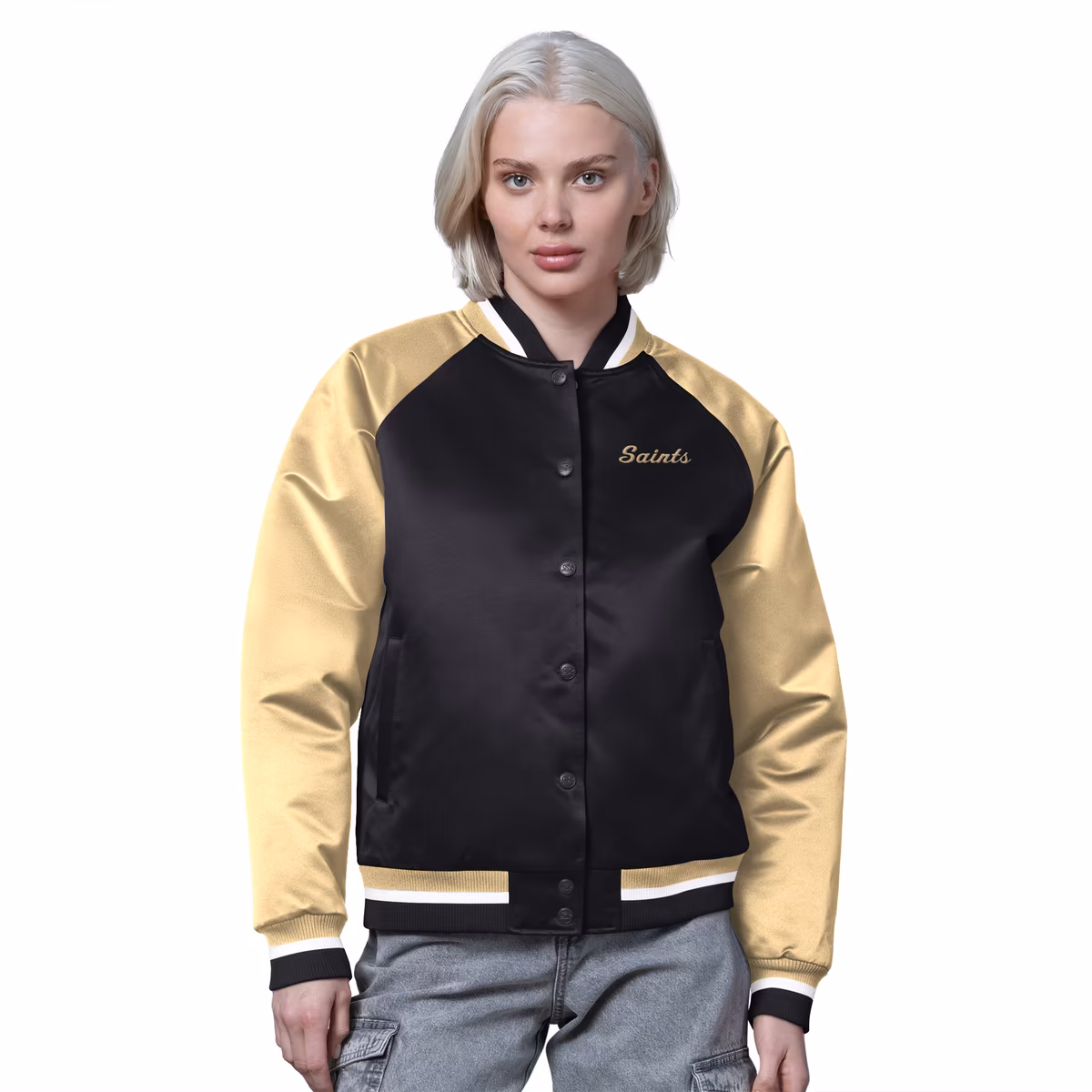 Women's Starter Black/Gold New Orleans Saints Satin Full-Snap Vintage Varsity Jacket 9 Women's Starter Black/Gold New Orleans Saints Satin Full-Snap Vintage Varsity Jacket