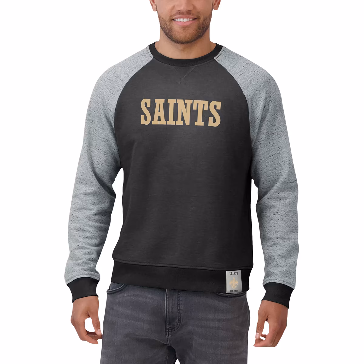 Men's Darius Rucker Collection by Fanatics Black/Heather Gray New Orleans Saints Colorblock Pullover Sweatshirt 5 Men's Darius Rucker Collection by Fanatics Black/Heather Gray New Orleans Saints Colorblock Pullover Sweatshirt
