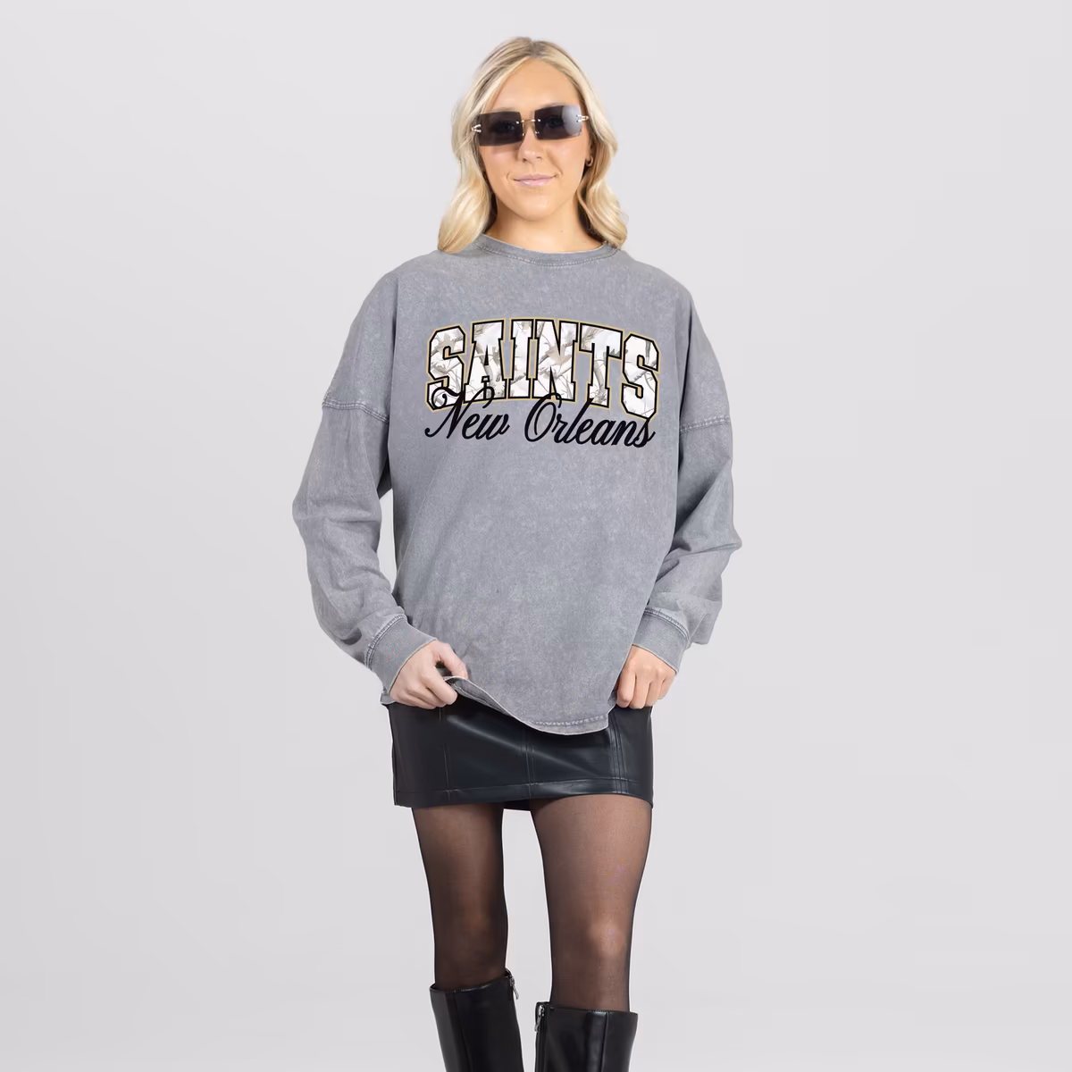 Women's Gameday Couture Gray New Orleans Saints On The Hunt Oversized Snow Wash Long Sleeve T-Shirt 9 Women's Gameday Couture Gray New Orleans Saints On The Hunt Oversized Snow Wash Long Sleeve T-Shirt