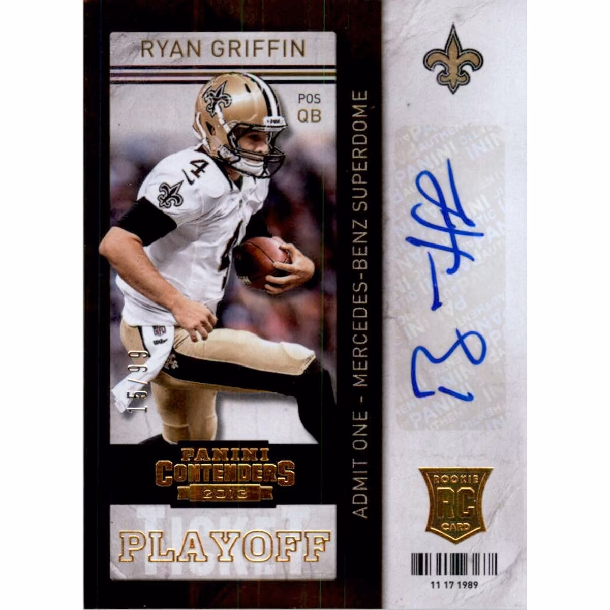2013 Panini Contenders Playoff Ticket #179B Ryan Griffin QB AU 8 2013 Panini Contenders Playoff Ticket #179B Ryan Griffin QB AU