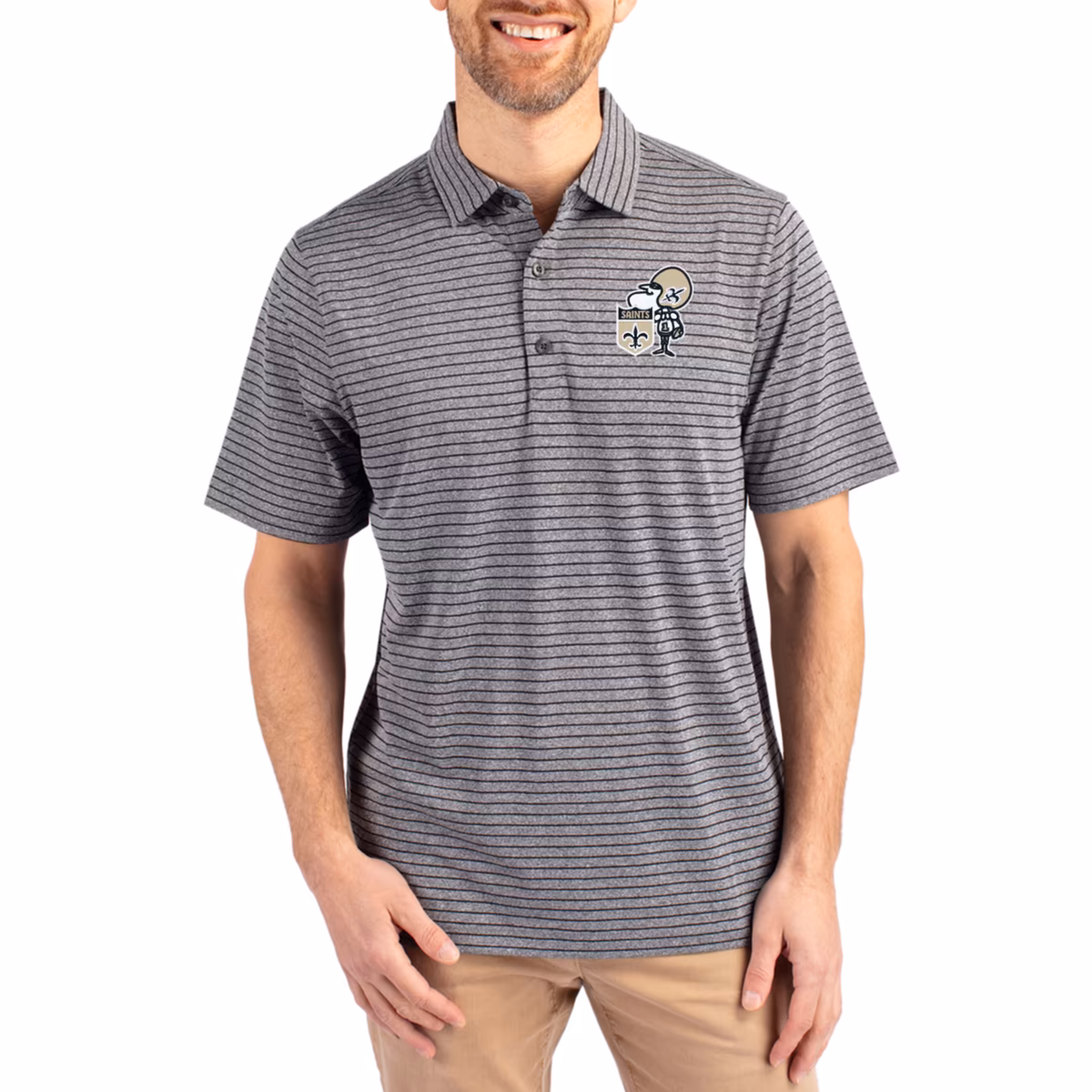 Men's Cutter & Buck  Heather Black New Orleans Saints Throwback Forge Eco Heather Stripe Stretch Recycled Polo