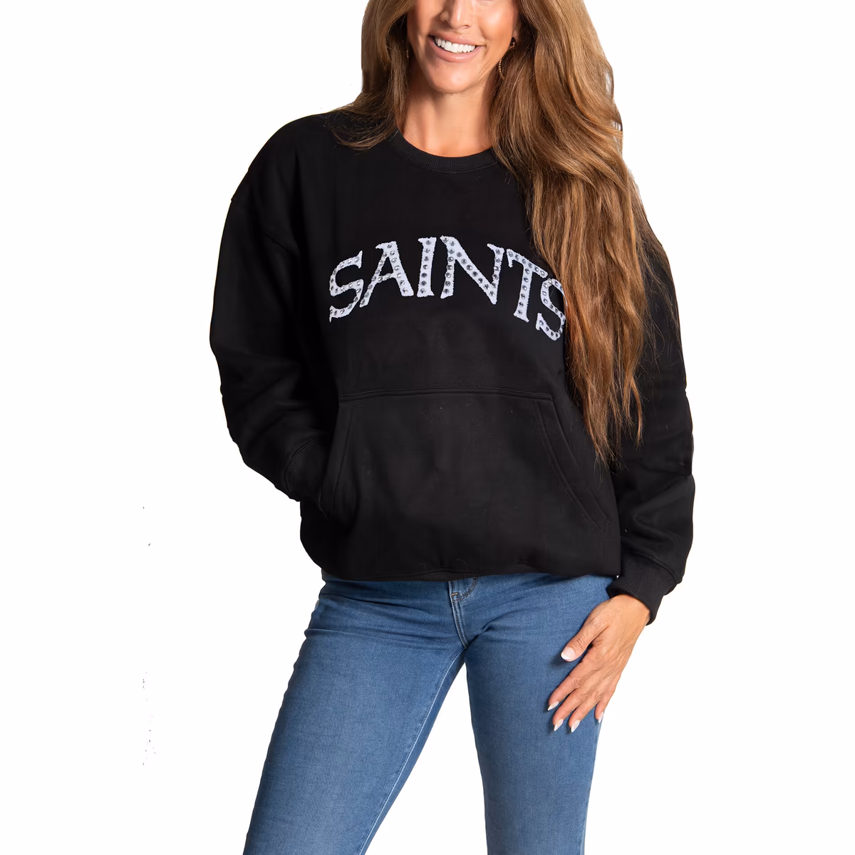 Women's FABGATING by Cuce Black New Orleans Saints Chenille Jeweled Sweatshirt