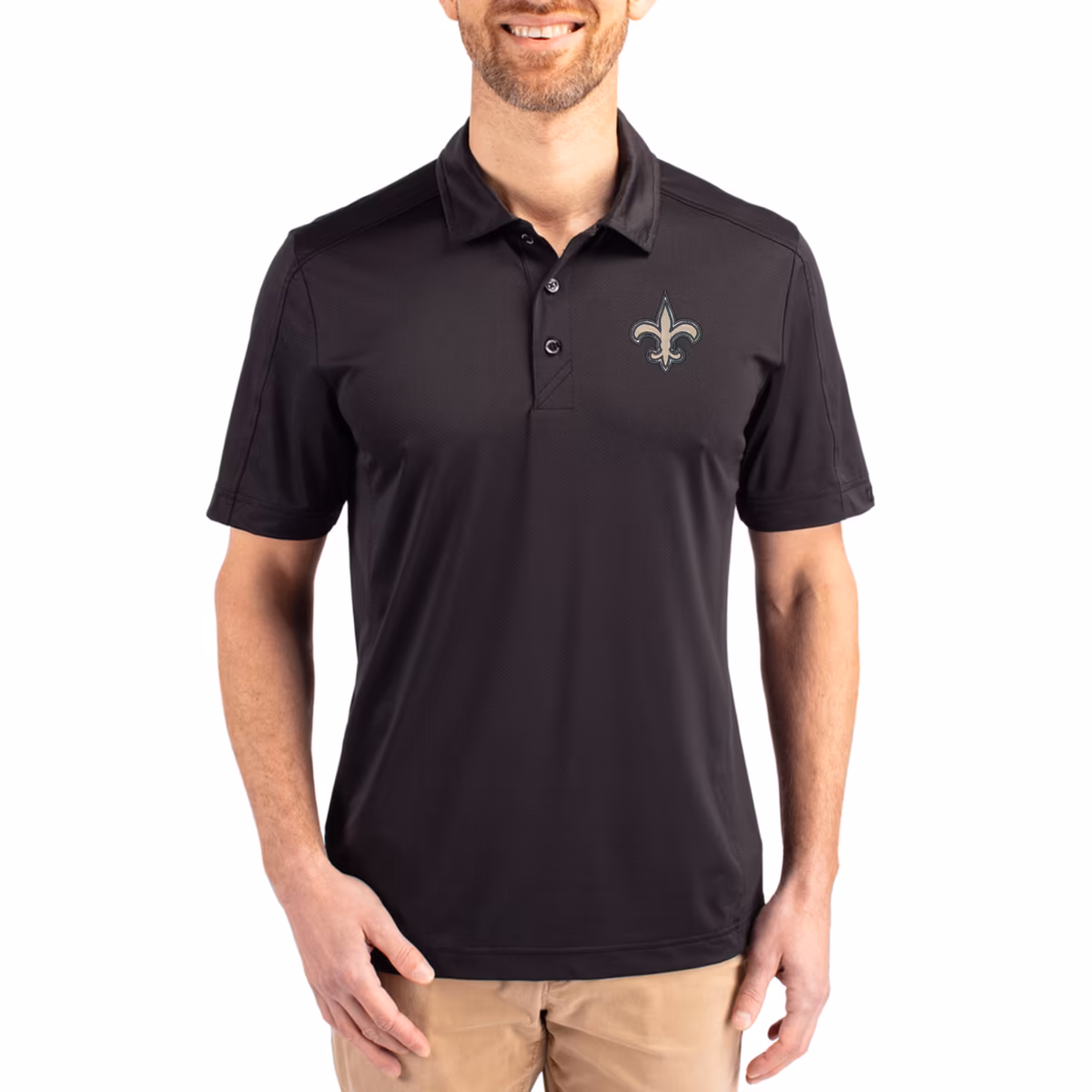 Men's Cutter & Buck Black New Orleans Saints Prospect Textured Stretch Polo