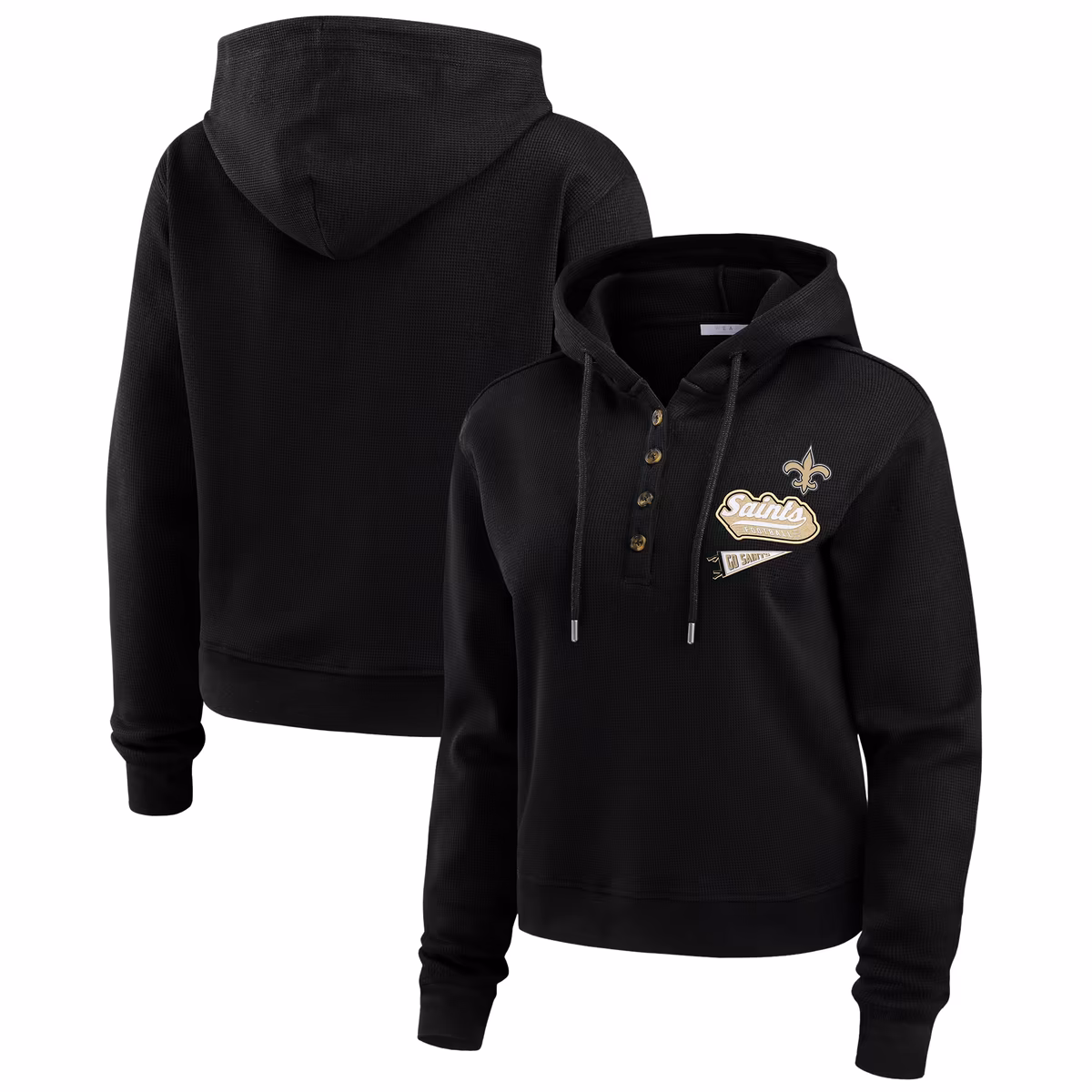Women's WEAR by Erin Andrews Black New Orleans Saints Waffle-Knit Pullover Hoodie 1 Women's WEAR by Erin Andrews Black New Orleans Saints Waffle-Knit Pullover Hoodie