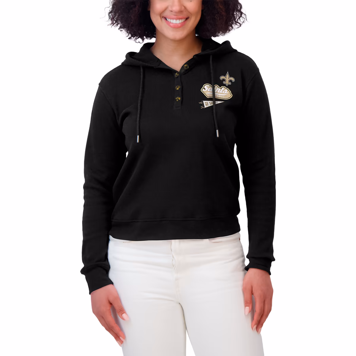 Women's WEAR by Erin Andrews Black New Orleans Saints Waffle-Knit Pullover Hoodie 5 Women's WEAR by Erin Andrews Black New Orleans Saints Waffle-Knit Pullover Hoodie