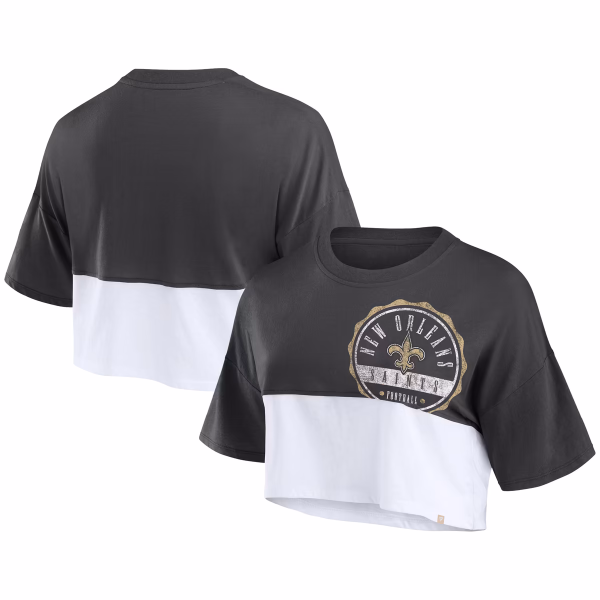 Women's Fanatics Black/White New Orleans Saints Boxy Color Split Cropped T-Shirt 10 Women's Fanatics Black/White New Orleans Saints Boxy Color Split Cropped T-Shirt
