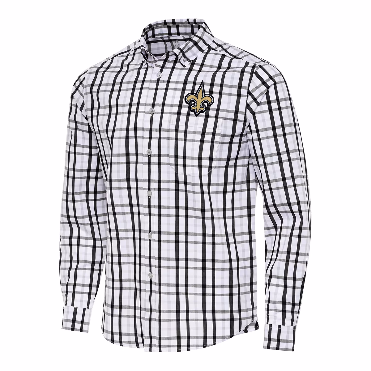 Men's Antigua Black/Gray New Orleans Saints Tending Woven Tri-Blend Long Sleeve Button-Down Shirt