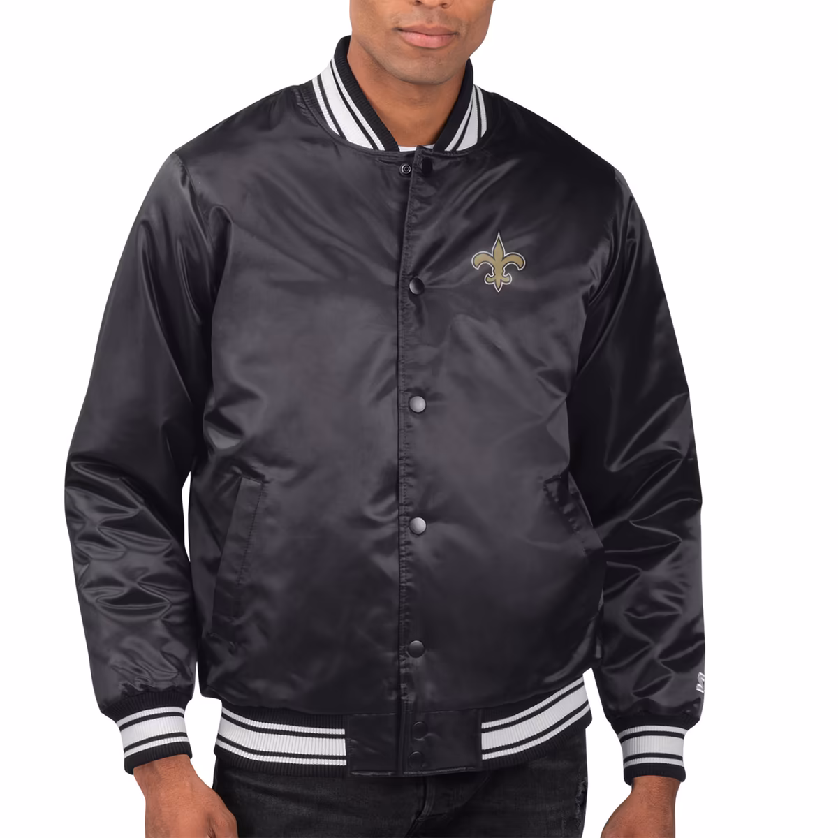 Men's Starter Black New Orleans Saints Printed Team Logo Satin Varsity Full-Snap Jacket 9 Men's Starter Black New Orleans Saints Printed Team Logo Satin Varsity Full-Snap Jacket