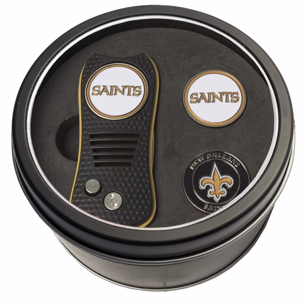 New Orleans Saints Divot Tool & Ball Markers Personalized Tin Gift Set 2 New Orleans Saints Divot Tool & Ball Markers Personalized Tin Gift Set