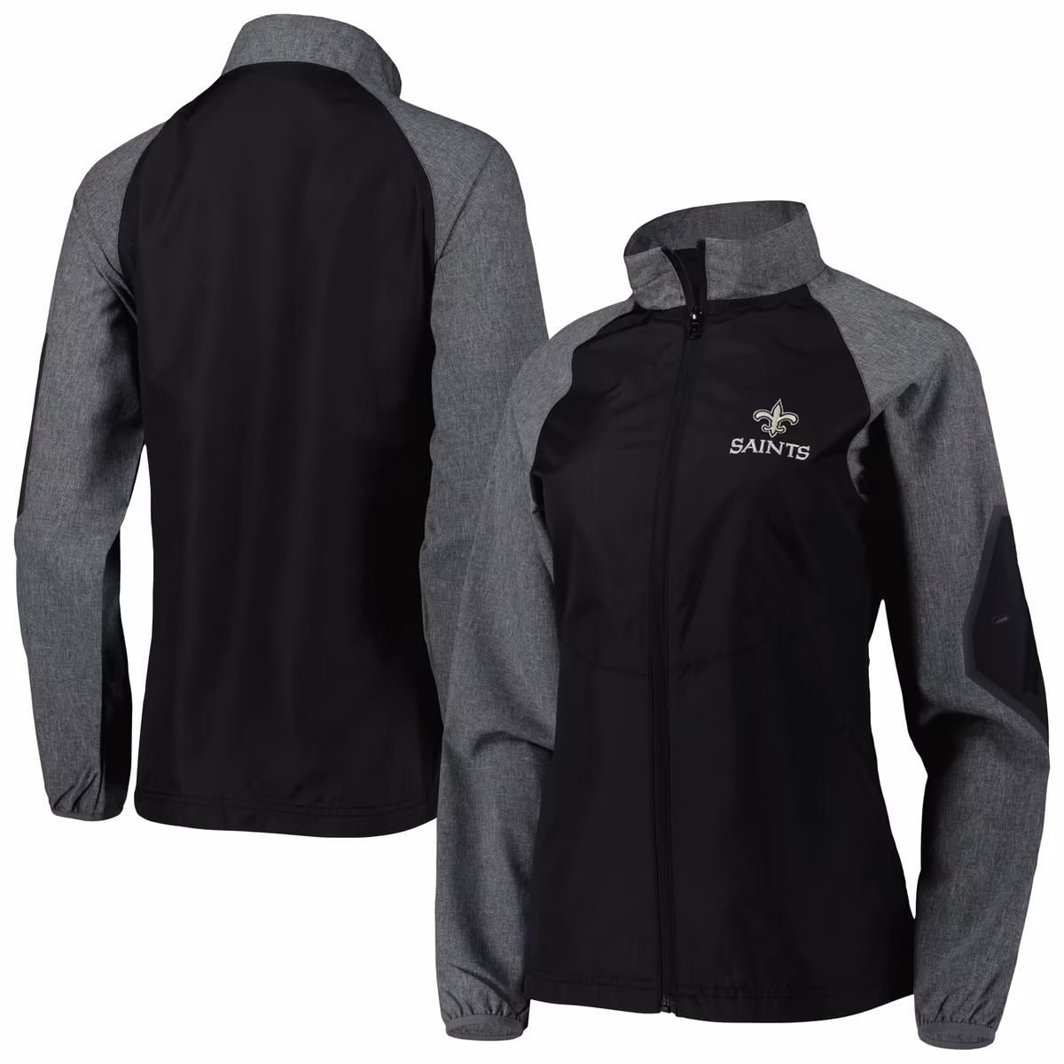 Women's Dunbrooke Black/Gray New Orleans Saints Hurricane Raglan Full-Zip Windbreaker 1 Women's Dunbrooke Black/Gray New Orleans Saints Hurricane Raglan Full-Zip Windbreaker