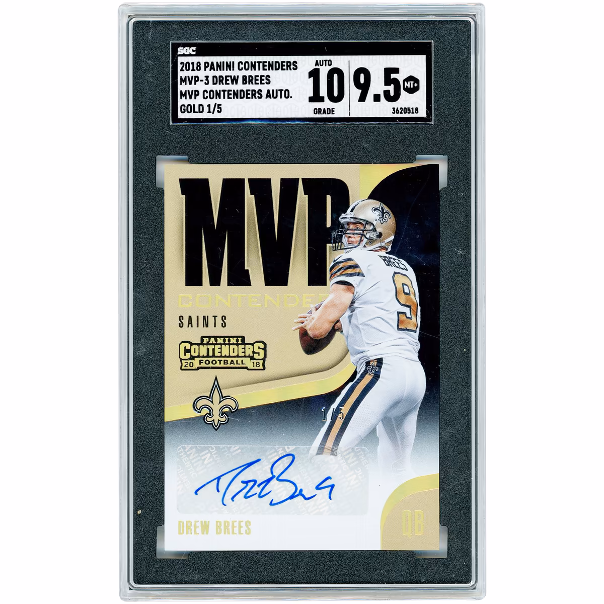 Drew Brees New Orleans Saints Autographed 2018 Panini Contenders Gold MVP Contender #MVP-3 #1/5 SGC Authenticated 9.5/10 Card 1 Drew Brees New Orleans Saints Autographed 2018 Panini Contenders Gold MVP Contender #MVP-3 #1/5 SGC Authenticated 9.5/10 Card