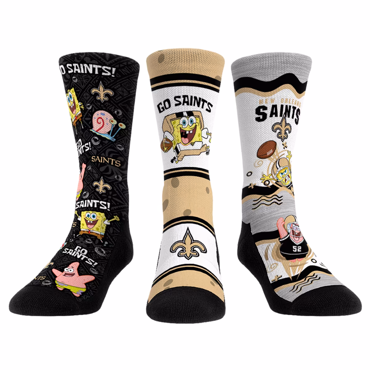 Unisex Rock Em New Orleans Saints x Nickelodeon Spongebob Squarepants 3-Pack Crew Socks Set 3 Unisex Rock Em New Orleans Saints x Nickelodeon Spongebob Squarepants 3-Pack Crew Socks Set