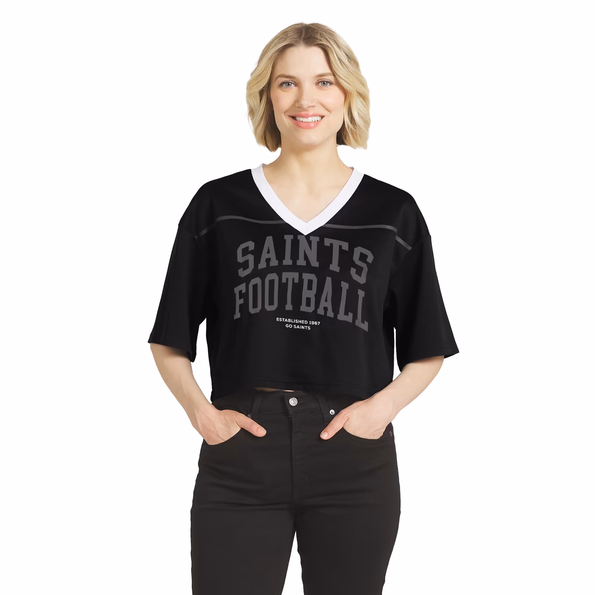 Women's WEAR by Erin Andrews Black New Orleans Saints Cropped V-Neck Jersey T-Shirt 2 Women's WEAR by Erin Andrews Black New Orleans Saints Cropped V-Neck Jersey T-Shirt