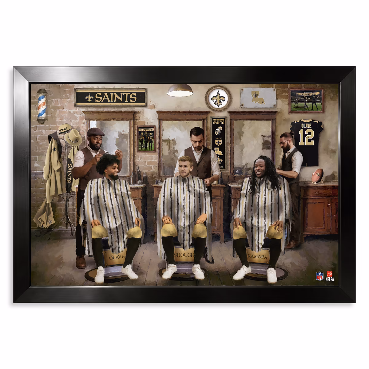 New Orleans Saints Chris Olave, Tyler Shough & Alvin Kamara 27" x 39" Barbershop Framed Print