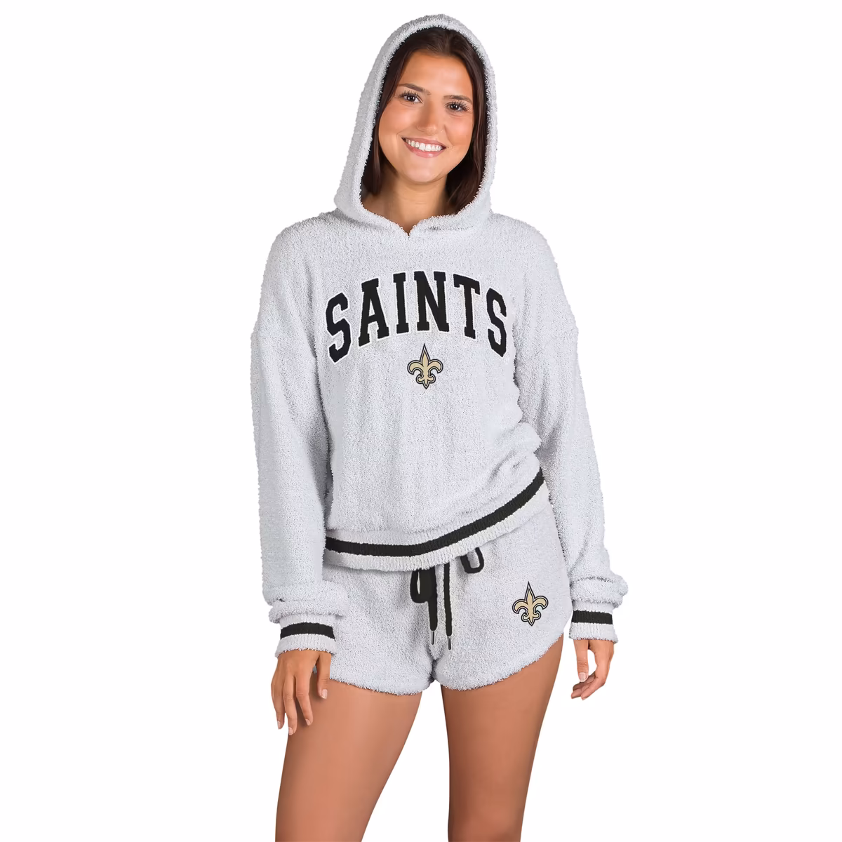 Women's Concepts Sport Gray New Orleans Saints Whitley Long Sleeve Hoodie Top & Shorts Set 2 Women's Concepts Sport Gray New Orleans Saints Whitley Long Sleeve Hoodie Top & Shorts Set