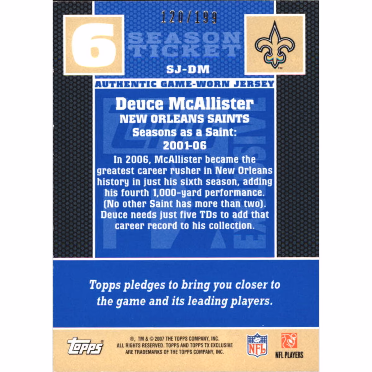 2007 Topps TX Exclusive Season Ticket Jersey #DM Deuce McAllister