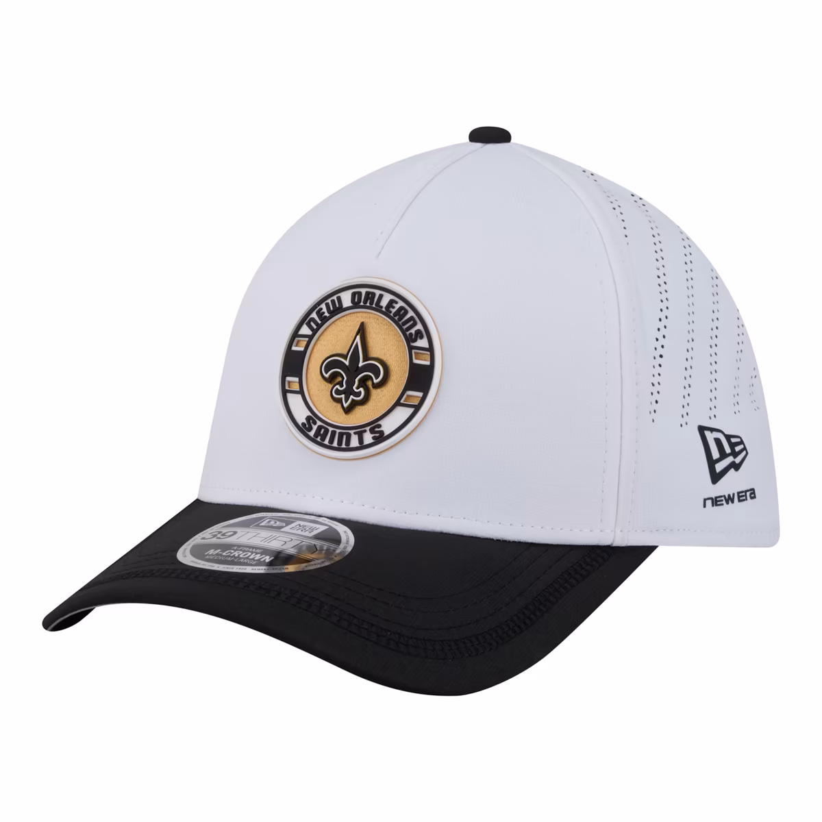 Men's New Era White/Black New Orleans Saints Patch 39THIRTY A-Frame M-Crown Perforated Flex Hat