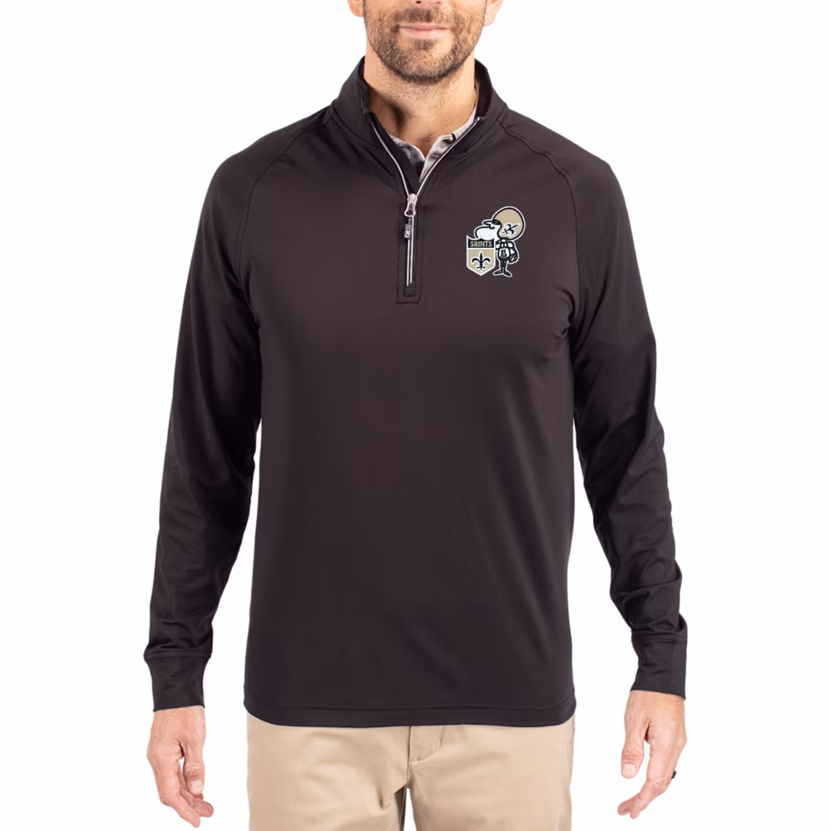 Men's Cutter & Buck Black New Orleans Saints Adapt Eco Knit Stretch Recycled Quarter-Zip Throwback Pullover Top