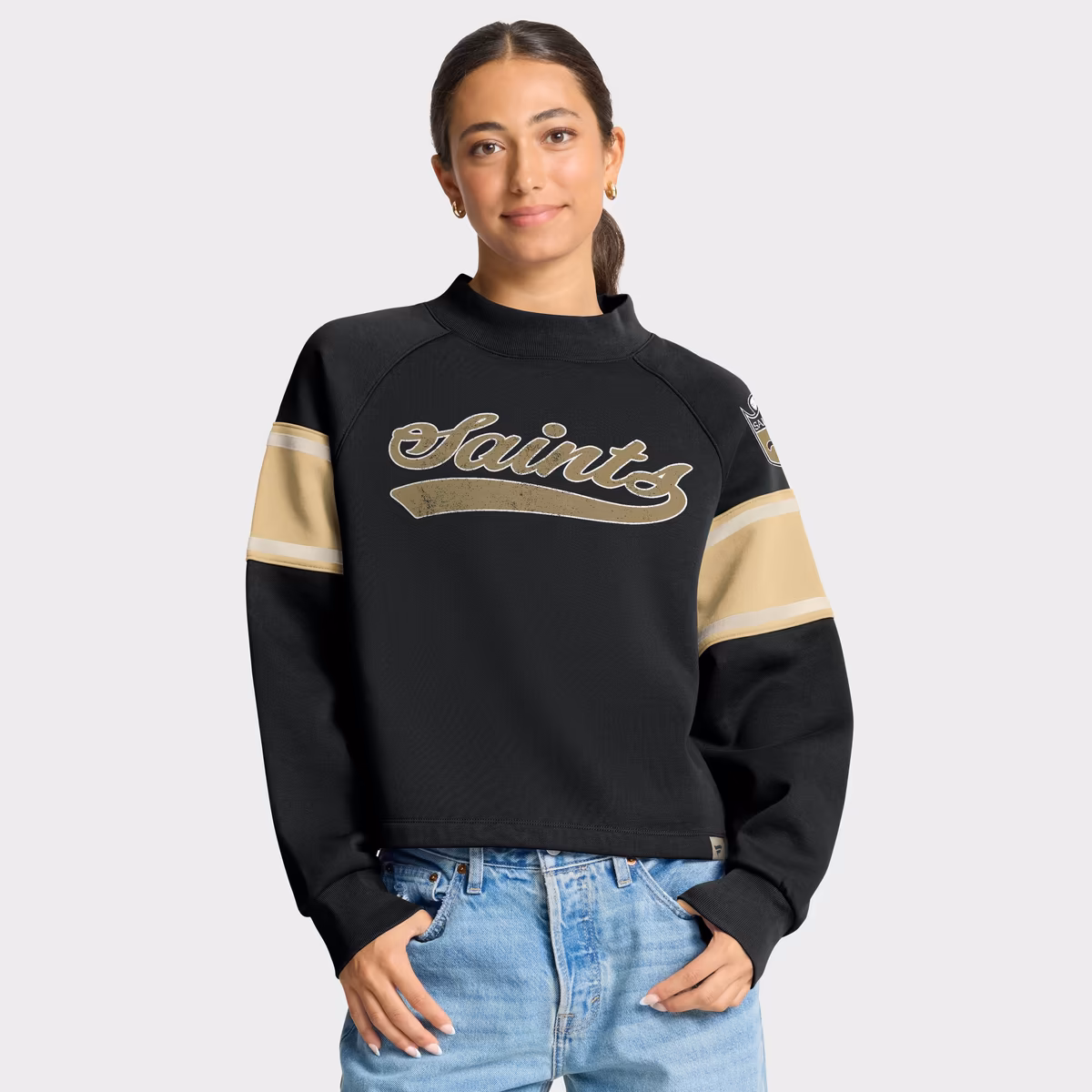 Women's Fanatics Black New Orleans Saints Oversized Hometown Toss Sweep Mock Neck Pullover 7 Women's Fanatics Black New Orleans Saints Oversized Hometown Toss Sweep Mock Neck Pullover