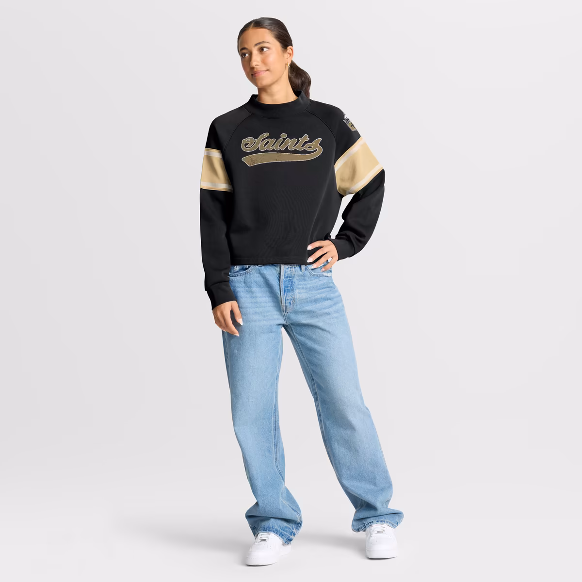 Women's Fanatics Black New Orleans Saints Oversized Hometown Toss Sweep Mock Neck Pullover 4 Women's Fanatics Black New Orleans Saints Oversized Hometown Toss Sweep Mock Neck Pullover