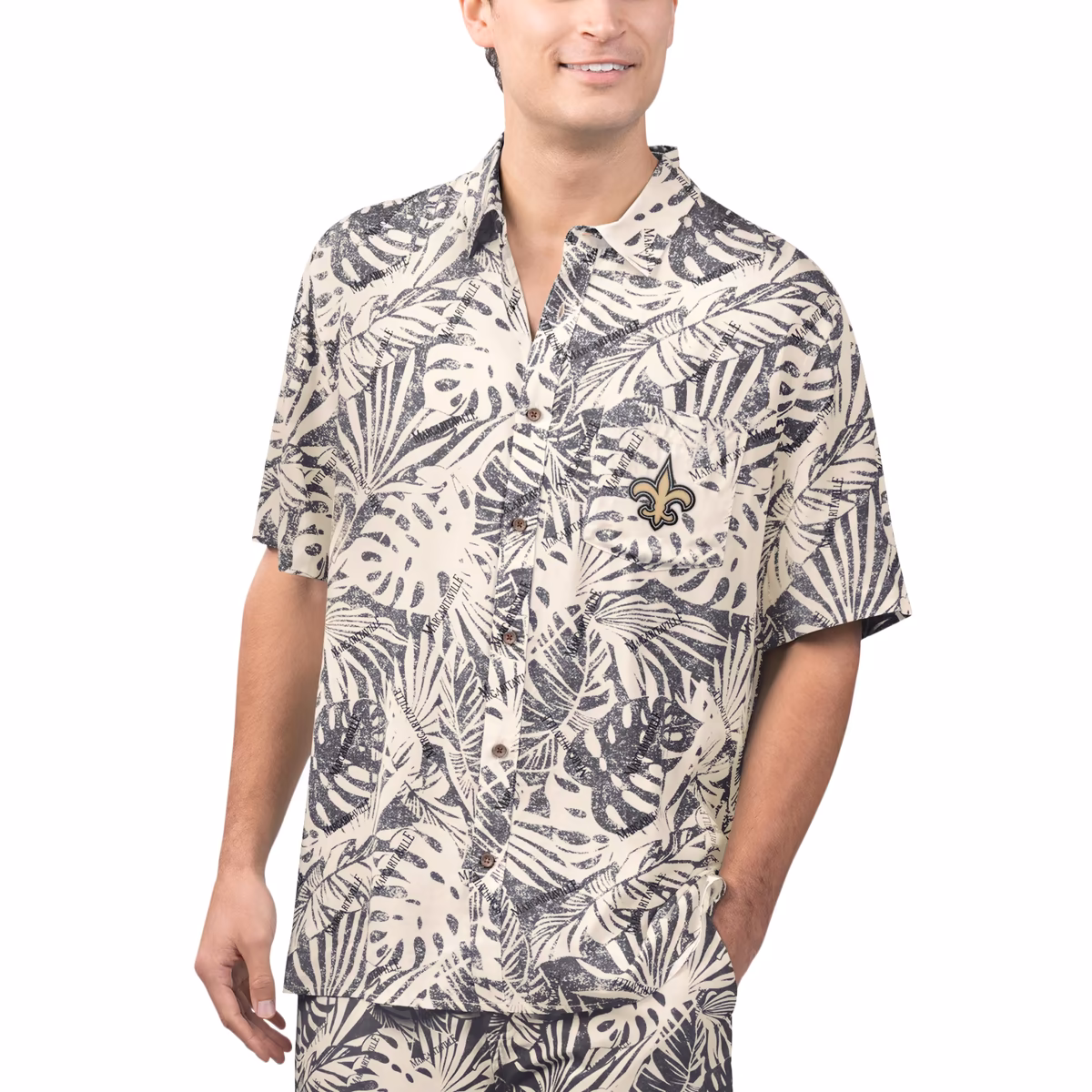 Men's Margaritaville Tan New Orleans Saints Sand Washed Monstera Print Party Button-Up Shirt 2 Men's Margaritaville Tan New Orleans Saints Sand Washed Monstera Print Party Button-Up Shirt