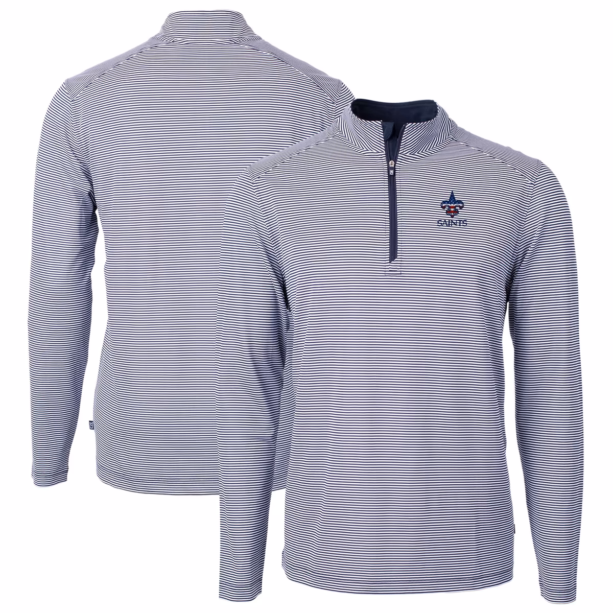 Men's Cutter & Buck Navy/White New Orleans Saints Virtue Eco Pique Micro Stripe Recycled Quarter-Zip Pullover Top 4 Men's Cutter & Buck Navy/White New Orleans Saints Virtue Eco Pique Micro Stripe Recycled Quarter-Zip Pullover Top