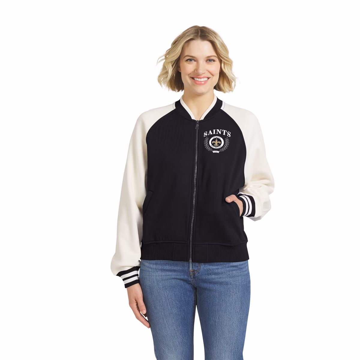 Women's WEAR by Erin Andrews  Black New Orleans Saints Full-Zip Fleece Varsity Jacket