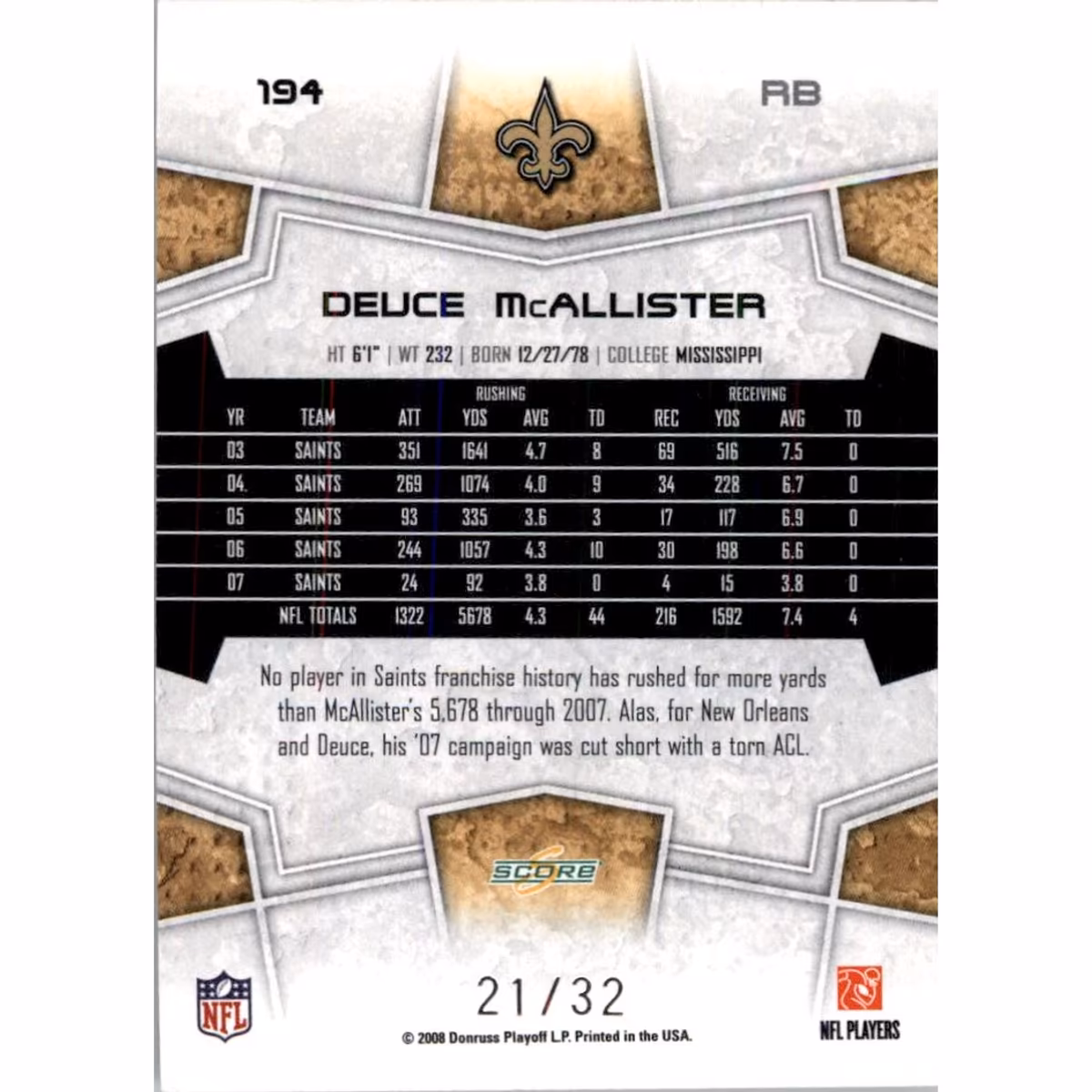 2008 Select Artist's Proof #194 Deuce McAllister