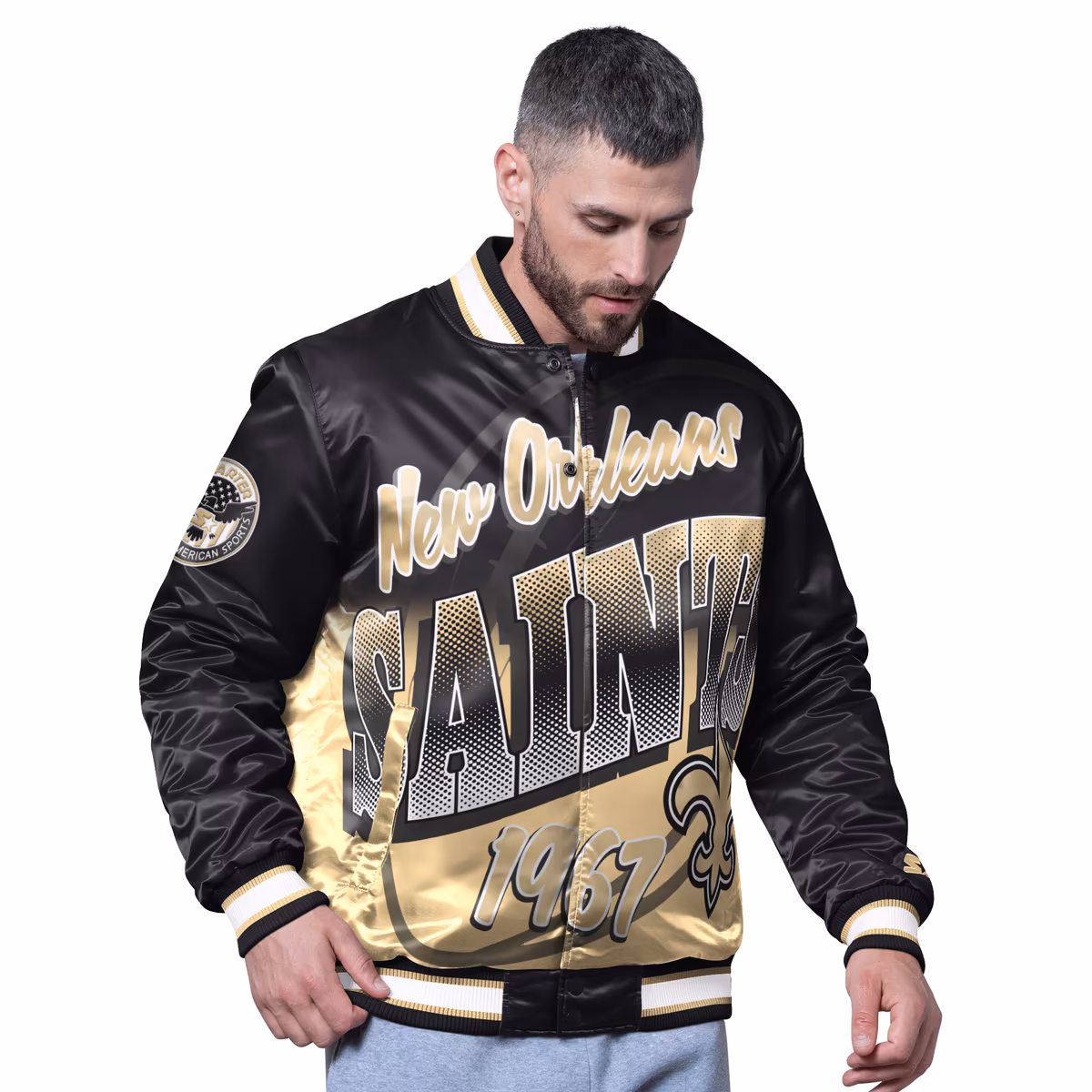 Men's Starter Black New Orleans Saints Pass Rush Varsity Full-Snap Jacket 2 Men's Starter Black New Orleans Saints Pass Rush Varsity Full-Snap Jacket