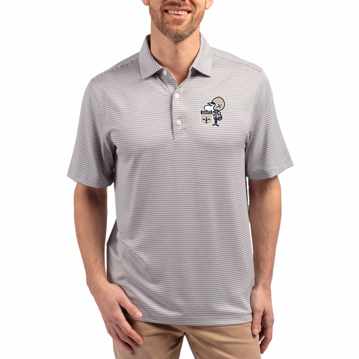 Men's Cutter & Buck Gray/White New Orleans Saints Throwback Forge Eco Double Stripe Stretch Recycled Polo 3 Men's Cutter & Buck Gray/White New Orleans Saints Throwback Forge Eco Double Stripe Stretch Recycled Polo