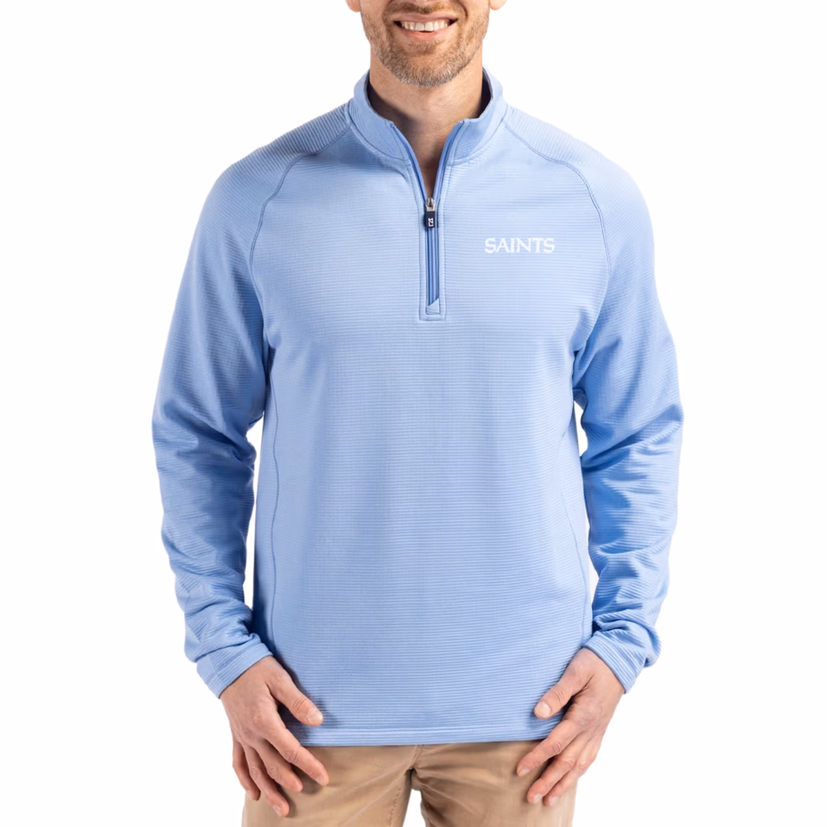 Men's Cutter & Buck Powder Blue New Orleans Saints Peshastin Eco Fleece Recycled Raglan Quarter-Zip Top 2 Men's Cutter & Buck Powder Blue New Orleans Saints Peshastin Eco Fleece Recycled Raglan Quarter-Zip Top