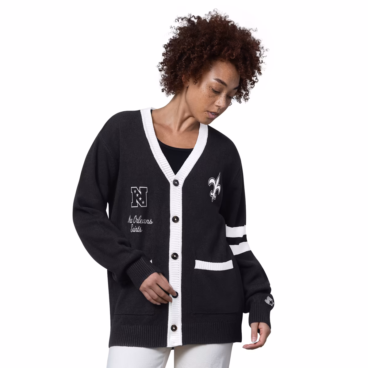 Women's Starter  Black New Orleans Saints Back Shot Button-Up Cardigan