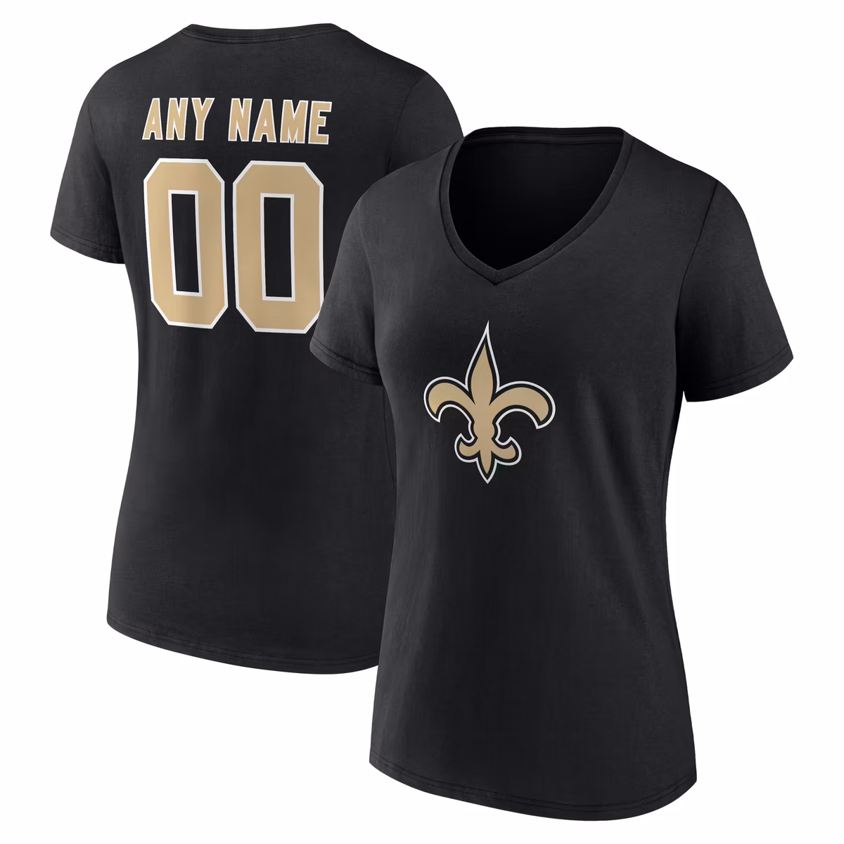 Women's Black New Orleans Saints Team Authentic Personalized Name & Number V-Neck T-Shirt 2 Women's Black New Orleans Saints Team Authentic Personalized Name & Number V-Neck T-Shirt