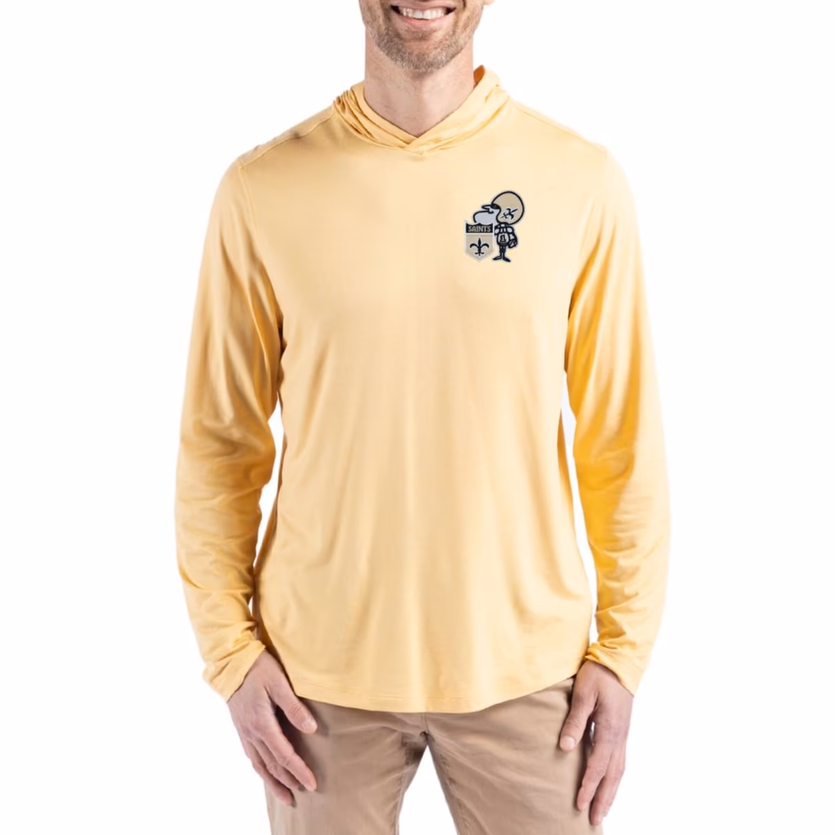 Men's Cutter & Buck Gold New Orleans Saints Throwback Logo Coastline Epic Comfort Eco Recycled Long Sleeve Hoodie T-Shirt
