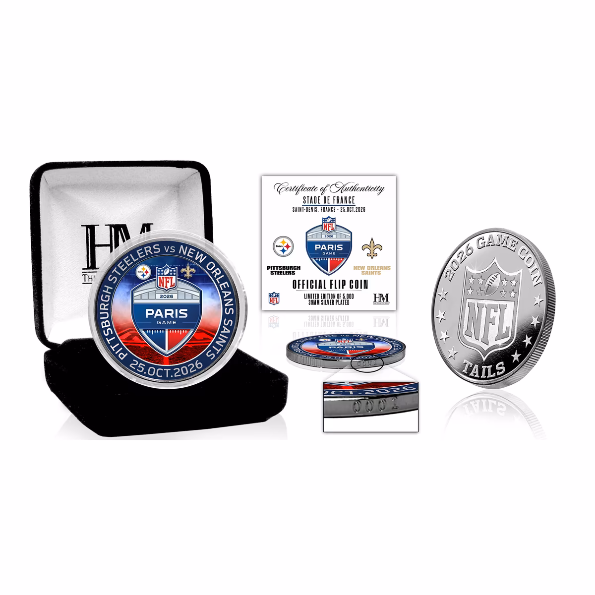 Highland Mint Pittsburgh Steelers vs. New Orleans Saints Paris Limited-Edition 2026 International Games Color Silver-Plated Game Flip Coin