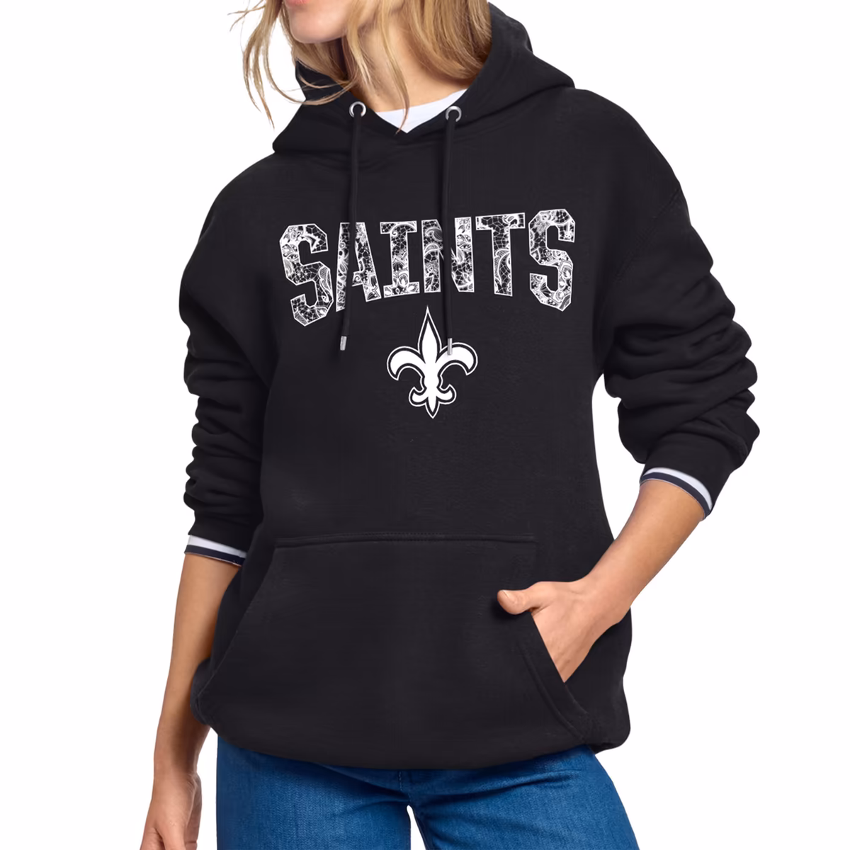 Women's Starter Black New Orleans Saints Lace Team Lockup Fleece Hoodie 1 Women's Starter Black New Orleans Saints Lace Team Lockup Fleece Hoodie