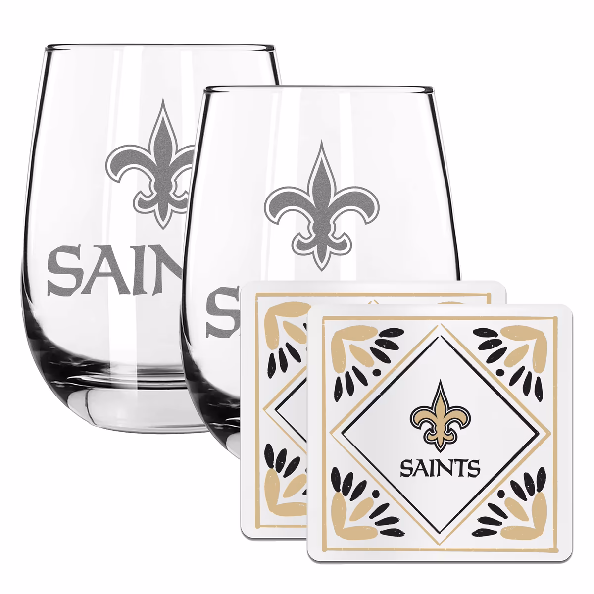 The Memory Company New Orleans Saints 15oz. Stemless Wine Glass & Coaster Set