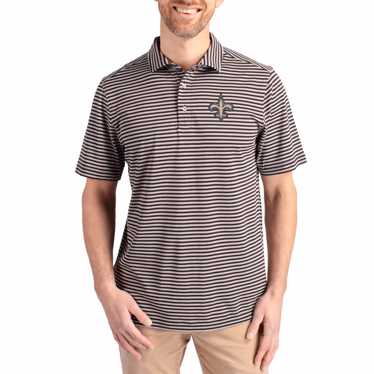 Men's Cutter & Buck Black New Orleans Saints Virtue Eco Pique Stripe Recycled Polo