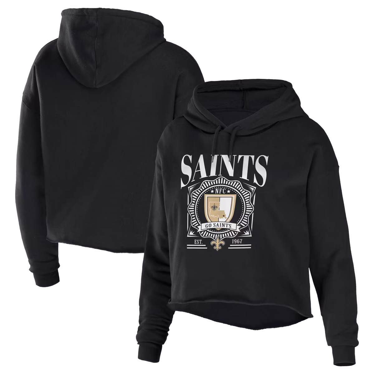 Women's WEAR by Erin Andrews Black New Orleans Saints Cropped Sponge Fleece Pullover Hoodie 1 Women's WEAR by Erin Andrews Black New Orleans Saints Cropped Sponge Fleece Pullover Hoodie