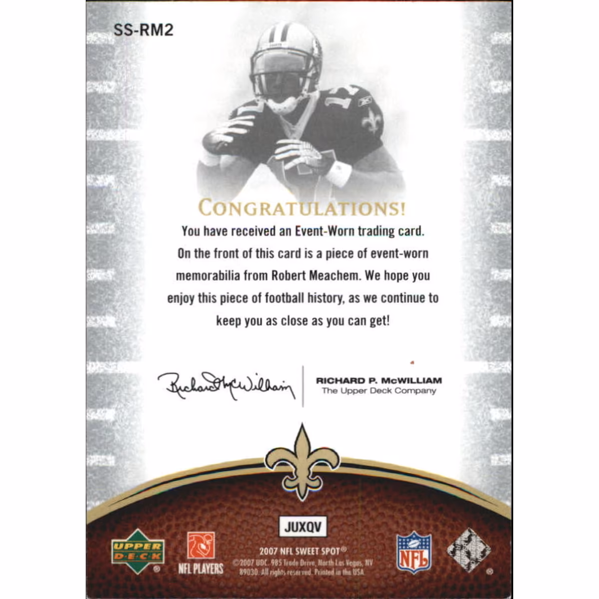 2007 Sweet Spot Sweet Swatch Jersey #SSRM2 Robert Meachem