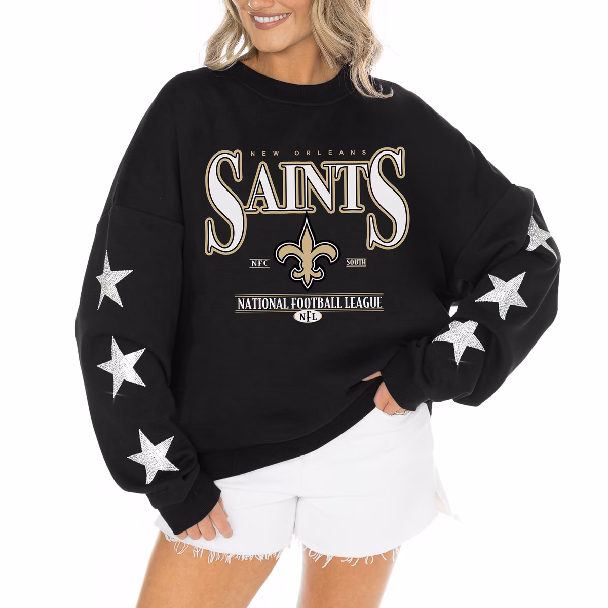Women's Gameday Couture Black New Orleans Saints Rhinestone Star Sleeve Settle the Score Oversized Tri-Blend Pullover 15 Women's Gameday Couture Black New Orleans Saints Rhinestone Star Sleeve Settle the Score Oversized Tri-Blend Pullover