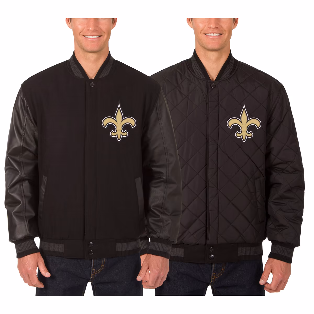 Men's JH Design Black New Orleans Saints Wool & Leather Reversible Jacket with Embroidered Logos 1 Men's JH Design Black New Orleans Saints Wool & Leather Reversible Jacket with Embroidered Logos
