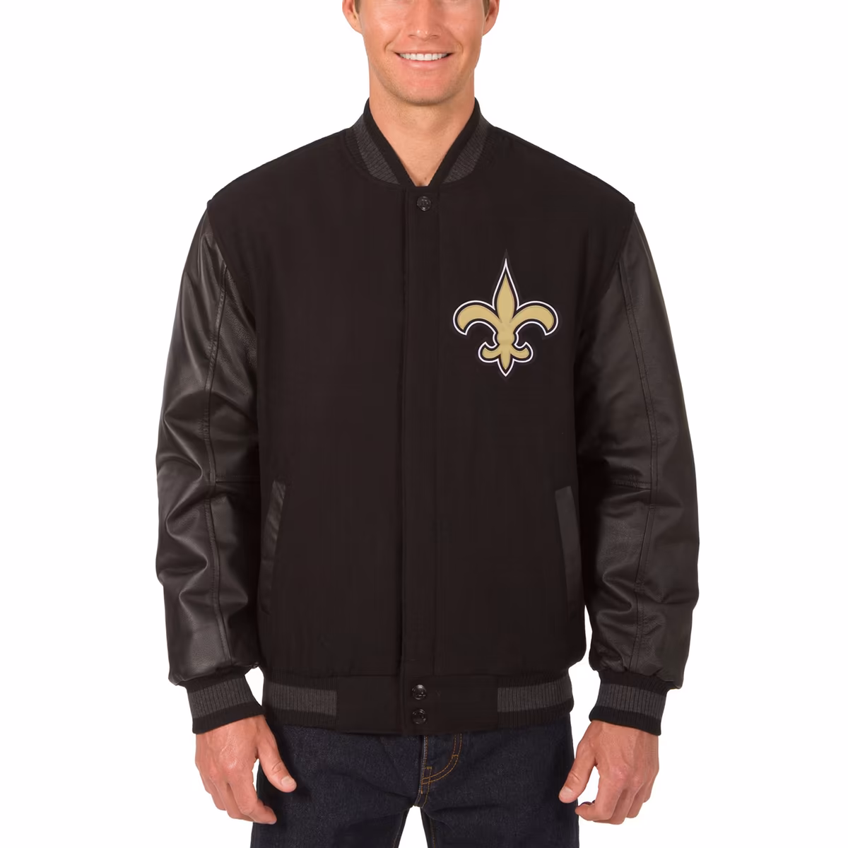 Men's JH Design Black New Orleans Saints Wool & Leather Reversible Jacket with Embroidered Logos 3 Men's JH Design Black New Orleans Saints Wool & Leather Reversible Jacket with Embroidered Logos